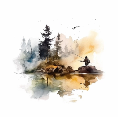one illustration of fishing Watercolor clipart on a white background, in the style of hazy landscapes, nature-inspired motifs, free brushwork, fantasy settings, decaying landscapes, no watermark, text, 300 DPI , typography, shapes do not stick together, no text in the picture, on a white background