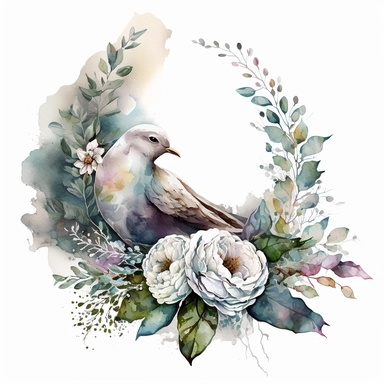clipart aquarelle watercolor, detailed ans realistic, white background. beautiful flower tribute in white color, white theme, Bouquet for funeral, loss, sorry, with additions like sash ribbon, white dove