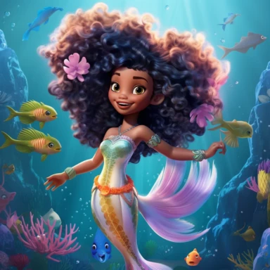 a dark complexion, a mermaid with afro textured hair, age 6, with a ultra vivid fin, grows a lavishly beautiful mermaid tailfin, under the sea in the ocean, surrounded by marine life, full body, hyperrealistic, photorealistic, vivid color, pixar cartoon, coloring book, detailed, ultracrisp imagine, ultra realistic, hand drawn, clipart