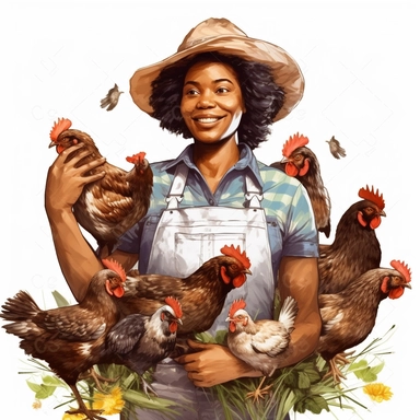 illustration clipart of african american woman farming with chickens around, hyperrealistic, white background