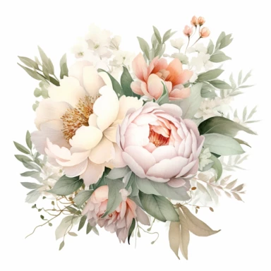 hite and beige watercolor Peony Bouquets with leaves in the background, soft muted color, clipart, multiple flowers in a bouquet, different composition, ultrarealistic, high details, emotive fields of color, charming illustrations, bloomcore, fairycore, soft color, whimsical, isolated on white background