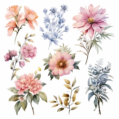 beautiful floral watercolor clipart set with flowers, leaves, and branches, clipart, isolated on white background, bojo, vintage, lithograph, 32k uhd, texture
