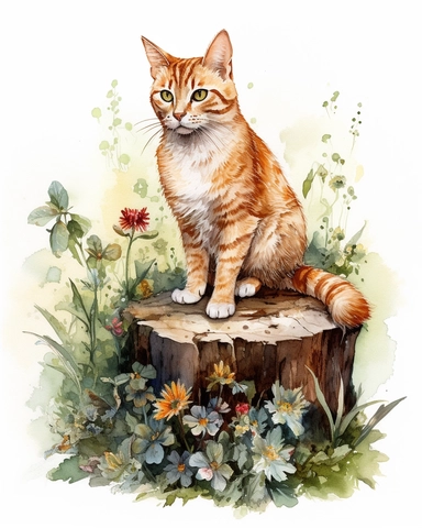 Watercolor Painting of ginger cat sitting on stump surrounded by wild Texas Flowers, on white background good anatomy, DETAILED ILLUSTRATION, Flemish Baroque, Rococo, white background, Intricate Detailed, Soft Light Effect, Oil Paint Strokes, Light Academia Aesthetic Flowers, Lighting cinematic, all shown shimmering stamens, tyndall light, texture, colorful, 8k, fantasy, ray tracing, vivid, spectacular lighting, octane rendering, highly detailed, ultra - realistic, white background, clipart, sur