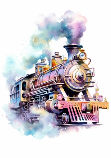 Pastel train, big beautiful locomotive, bursting with steam, Steampunk Clipart, Printable Watercolor, Retro Futuristic, Victorian Era Art Print, colorful, details, high quality 8K, white background