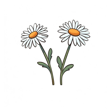 Clipart of cartoon two daisies in a minimalist style, on a white background,
