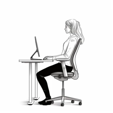 Scandinavian woman with a ergonomic posture in a chair, resting her booth hands on a minimalist and empty office desk, left side view, draw clipart, isolated on white, uhd