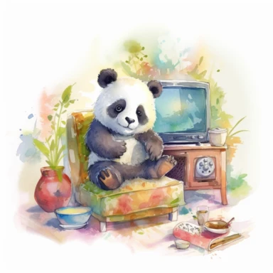 Create a watercolor illustration clipart of a playful cute Baby Panda Watching TV, with its full body visible. Use soft, flowing brushstrokes and a warm, inviting color palette to create an image that is both charming and whimsical. Incorporate intricate details like the motion of Baby Panda Watching TV to create a lifelike, realistic image. Can add other elements to the illustration like related item to play to create playful scene. Use white background to allow the watercolor textures to shine