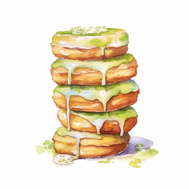 a beautiful detailed watercolor artwork of delicious stack of pistacchio donuts, food art, clipart, clear border, hd, on white background,