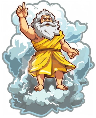 Sticker Clip Art of Zeus standing on Mount Olympus, children friendly, King of the Gods, clouds and lightning behind him, King of Mount Olymp, illustrated in a playful style with a friendly expression, perfect for any special occasion, cut out in the shape of Zeus on a Mountain, Muscular, with no visible background, giving it the appearance of a sticker, conveying a mystical and whimsical mood, edited with Adobe Photoshop to adjust brightness and contrast, rendered as a transparent PNG file with