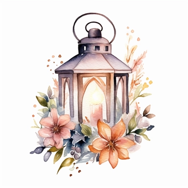 A watercolor clipart showcasing a lantern filled with twinkling fairy lights, surrounded by floral elements, evoking a magical and ethereal cottagecore ambiance , minimalist ,isolated white background,8k
