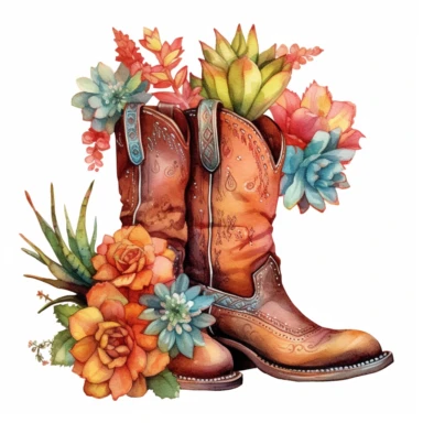 Craft a mesmerizing watercolor clipart illustration on a white isolated background vector, showcasing intricately designed leather cowboy boots embellished with an explosion of colorful floral patterns, surrounded by a diverse and captivating array of cactus and succulents. Take inspiration from the artistic style of Jean Haines, a talented watercolor artist recognized for her vibrant and spontaneous brushstrokes, to infuse the composition with a sense of movement and vitality, evoking the beaut