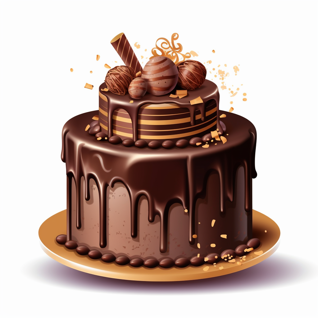 Design a clipart image of a chocolate ganache birthday cake. Depict a ...