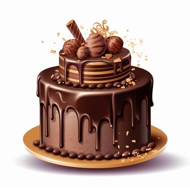 Design a clipart image of a chocolate ganache birthday cake. Depict a chocolate cake covered in a velvety ganache frosting and adorned with chocolate curls or shavings.