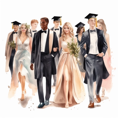 Create beautiful watercolor clipart images of female and male graduates wearing elegant prom clothes , full length, featuring delicate brushstrokes, soft colors, and intricate details. The images should capture the joy and excitement of graduation day, white background , without watermark