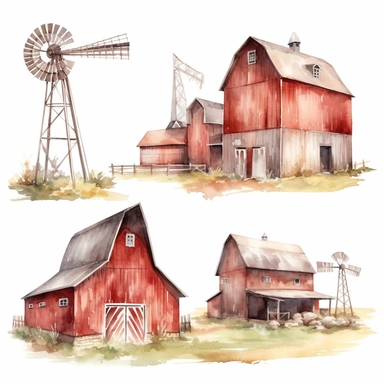 Watercolor Barns Clipart. Farm Style. Red Barn House, Horse, Tractor, Windmill, Wood Gate Illustrations. Wedding Invitation DIY white background