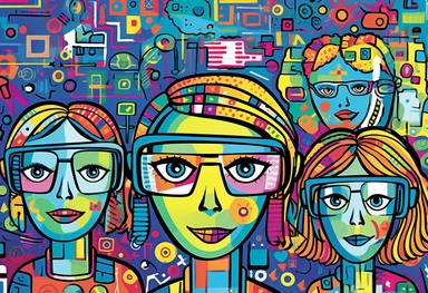Pop art, Expressionism, simple Clip art, realistic line art, doodle, portrait, In the year 2050, students engage in a transformed learning environment where robots, students, and teachers play distinct roles, Various learning technologies revolutionize the educational landscape, including advanced robotics and artificial intelligence, virtual reality, augmented reality, and intelligent tutoring systems, Learning takes place in a variety of locations, ranging from technologically enhanced physica