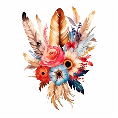 Design an auto sticker that exudes bohemian elegance through a combination of boho feathers and watercolor floral clipart bouquets. Let the graceful feathers and vibrant flowers create a captivating visual dance. Allow this design to reflect the free-spirited and sophisticated nature of the boho aesthetic.