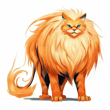 Clip Art of FRIGHTENING HALLOWEEN THEME Big Maine CAT Breed with with Extra long thick Fantasy hair a beautiful thick fluffy tail and elongated ears that are tufted, FANGS, CLAWS, 2D, VECTOR on white background