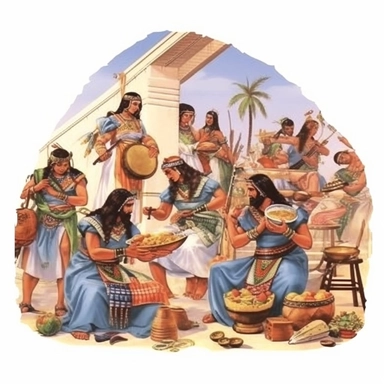 A lively scene of an ancient Egyptian feast, with music, dance, and an abundance of food, The feast should include an array of foods like fruits, bread, and fish. Show musicians playing traditional instruments, high quality, clipart, watercolor, white background