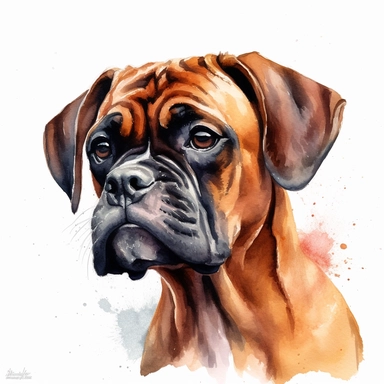 cute Mahogany Boxer dog portrait, full face, centered shot, side shot, dynamically posed, in action, playful mood, happy mood, playing mood, cute face, adorable smile, childlike eyes, clean watercolor illustration, white background, nursery baby imagery, painting, detailed, 8k, PNG, clipart,
