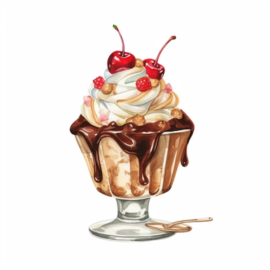 create a beautiful highly detailed watercolor clipart image of a large old fashioned HOT FUDGE SUNDAE WITH CHERRY ON TOP OF THE WHIP CREAM, white background, no text, no font