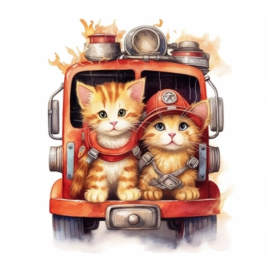 Nestled inside and out of a fireman boot, outside the big doors of a fire out, a pair of adorable, fluffy kittens romp, fire engine clipart