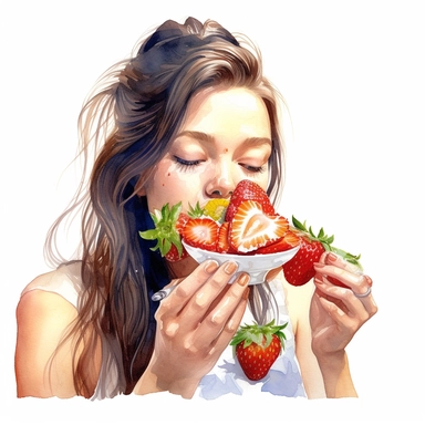Commercial shot of ultra - realistic watercolor painting of a floral portrait of cute country cottagecore e girl eating delicious strawberry clipart, aesthetic, good looking food, delicious, yummy, foodie, healthy, white background no text, isolated on white, watercolor illustration, award winning, strong and sharp lines