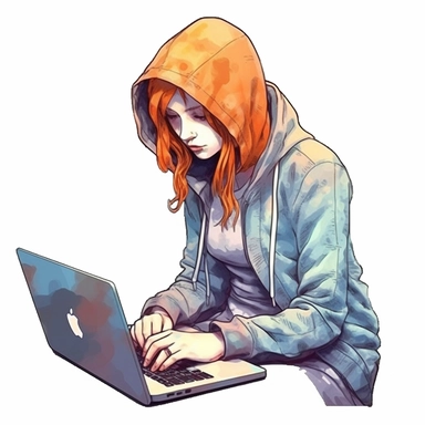 girl working on a laptop, cool hacker clothes, watercolor style, clipart solid white background