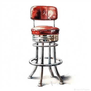 Clipart of one detailed diner bar stool, surrounded by white background, wide shot, very detailed, watercolor illustration, white background, cinematic, high quality, 32 k,