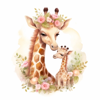 cute floral illustration, realistic adorable baby giraffe hugging his mom, happy clipart, nursery style clipart, nursery animal art, kids wall art, baby room decor, isolated on white, ultra - detailed, high quality, ghibli style, award winning