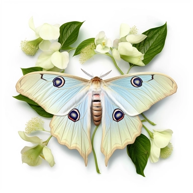 a female Chinese moon moth, surrounded by light blue and azure flowers, romantic bloomcore, beautiful beyond belief, photo clipart on solid white background