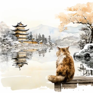 Ragdoll Cat wearing a Japanese kimono wanders by the lake in front of Kinkakuji (Golden Pavilion) Temple in Kyoto, admires the golden architecture in contrast with the snowy white scenery. Clipart Watercolor By Yuzo Komori. clean line, on white background only, spaced out, with space around.