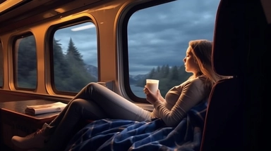 The girl is covering full herself with a blanket, there is a beautiful happy girl wrapped in blanket, Panoramic view of the train carriage with many windows, realistic photo ,beautiful girl, full train cabin, There's a table and there's a cup of coffee on it, night train, sleeping girl, night train,night, beautiful face, girl lying by the window, many window, big window, beautiful happy girl wrapped in blanket while lying on cozy sofa in British Pullman train in Belmond,girl ukraina sleep, train
