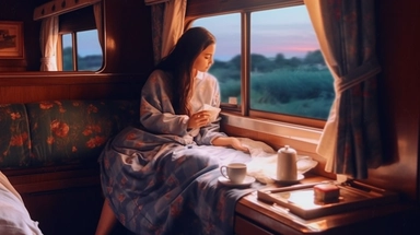 realistic photo of a girl sleeping on a train at night, there is a beautiful happy girl wrapped in blanket, realistic photo of a girl sleeping on a train at night, A rethere is a beautiful happy girl wrapped in blanket, beautiful girl, full train cabin, There's a table and there's a cup of coffee on it, night train, Panoramic view of the train carriage with many windows, sleeping girl, night train,night, beautiful face, girl lying by the window, many window, big window, beautiful happy girl wrap