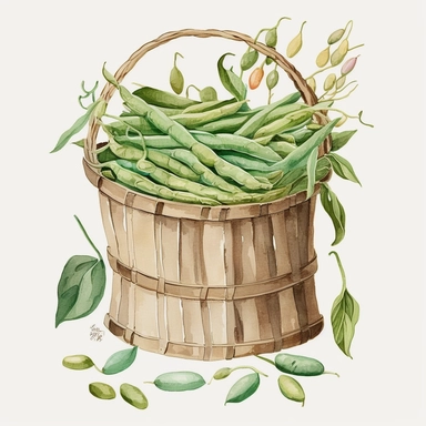 simple watercolor illustration clipart farmhouse bushel of green beans transparent background