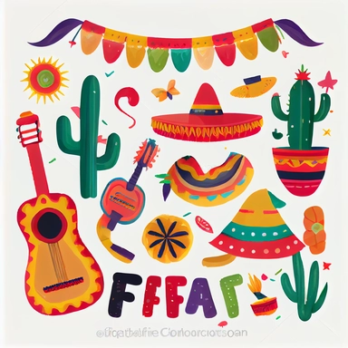 Mexican fiesta set, bright festival party decoration. Vector flat style cartoon fiesta illustration isolated on white background Watercolor clipart