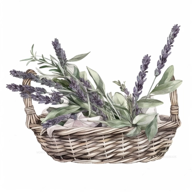 Dried sage and lavender laying in a basket by a kitchen window on the counter, glamorous, clipart style, detailed and realistic, watercolor, white background with margins