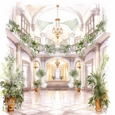 Watercolor drawing beautiful rich mansion interior, wedding venue in flowers, watercolor clipart, white background, isolated on white, 8k, watercolor style