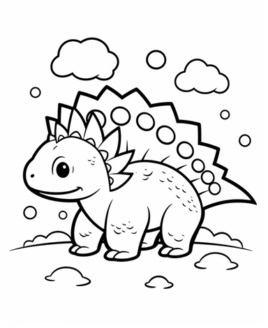 coloring page for 3 year old kids, cute and simple clipart of a stegosaurus, simple background with clouds and grass, side view, japanese anime kawaii style drawing, friendly expressions and poses, minimalistic aesthetic, simple outline art, simple detail, crisp and bold lines, continuous line drawing, black and white only, no shading, no fill, no grayscale, white background, 2D drawing, Coloring page style: Printable coloring page