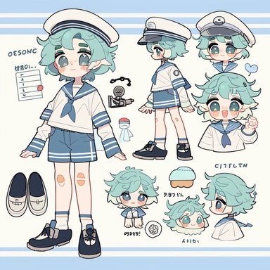 character sheet,knoling,clipart,belongings catalog, cute chibi character, long pale blue-green hair, long bangs, blue-green eyes, flat chest, beautiful young boy, sailor, blue shorts, dark blue socks, whale, cream soda, sandwich