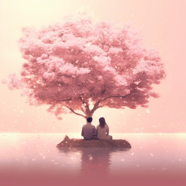 two people sitting under a tree in the middle of a pink field, pink pale background, falling petals, photo of, the tree is on top of a calm sea, pink bloomed lighting, pink cherry blossom tree on centred in image cliparts