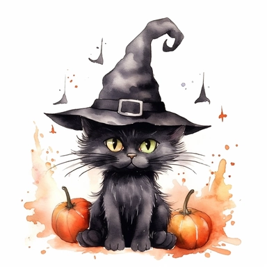 Cute Witches black cat wearing witch hat, black cat by witch's cauldron, ink and wash, watercolor Clipart, style by Lucy Fleming, watercolor, smooth gradients, black contour outline, ultra detailed, clipart elements, delicate pastel colors, solid white background, super clear, high quality