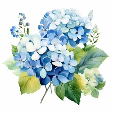 blue colored hydrangea flowers with arrangement watercolor effect,suitable for digital clipart,white background,green leaves