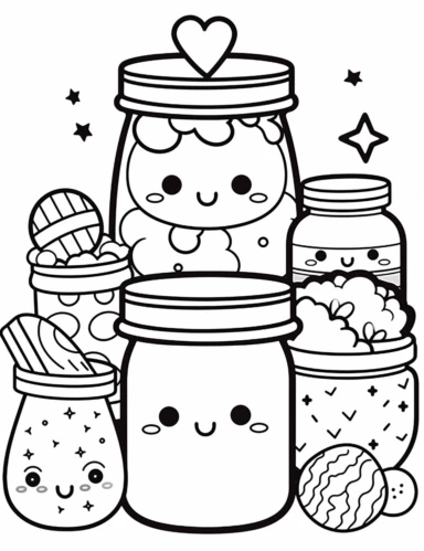A kawaii illustration of a jar filled with an assortment of adorable cookies in different shapes and sizes For Simple Coloring page,line art, thick lines, black and white,clipart, illustration, on white background,margin Page 10px