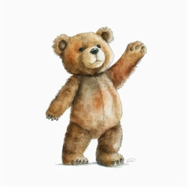 Watercolor brown fluffy jointed plain Teddy Bear standing and gesturing, clipart, happy, white background, no captions or text