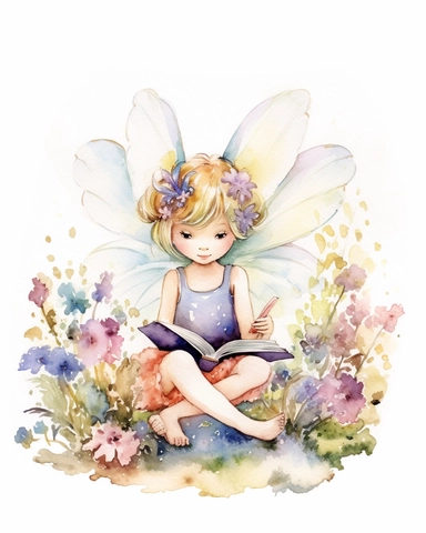 very simple watercolour childrens book style drawing of a cute fairy reading a book surrounded by flowers, pastel colours soft on white background for clipart, 8k