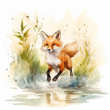 a watercolor art type clipart of a fox cute running in water in a forest on a spring sunny day in the forest