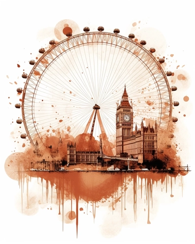 promotional print for the city of London depicting the essence of the Great Britain soul, london ferris wheel inspirational mood, dreamlike, inspired by line art in brown color, clipart, on white background
