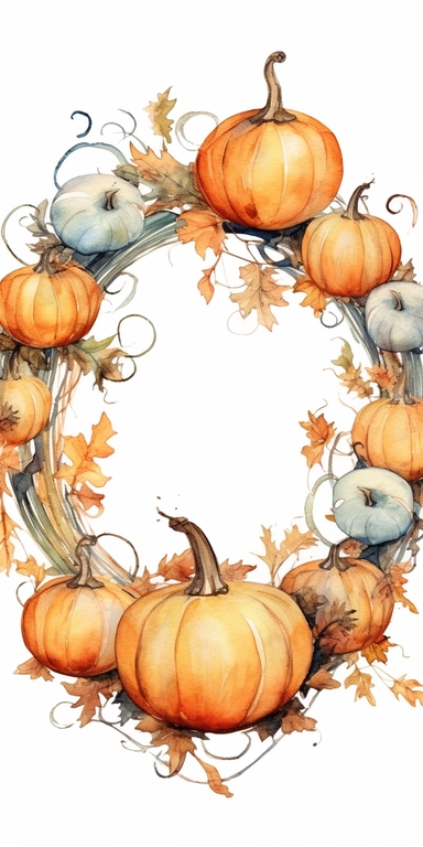 round watercolor frame of pumpkins, clipart, white background. halloween theme