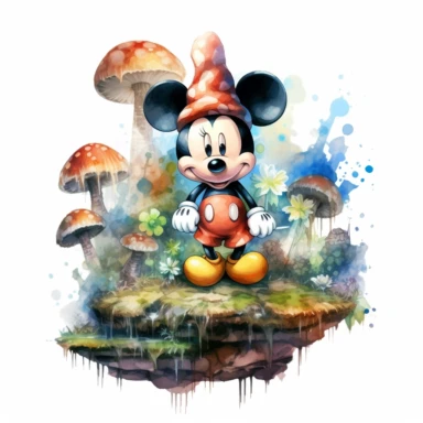 Watercolor Mickey Fantasy Png Clipart, Printable Fairytale Disney Mickey Art Print Svg, Magical Storybook Scrapbook Ephemera, isolated, cyberpunk style, isolated, 4k